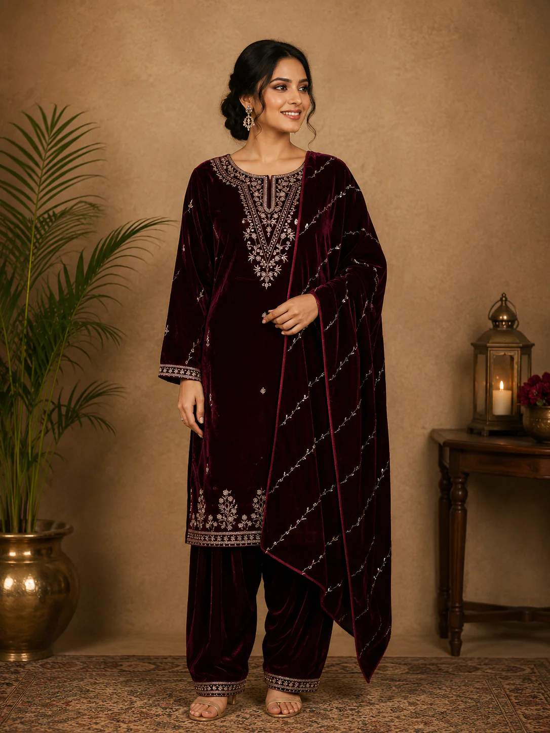 Dark Red Floral Designed Velvet Salwar Suit